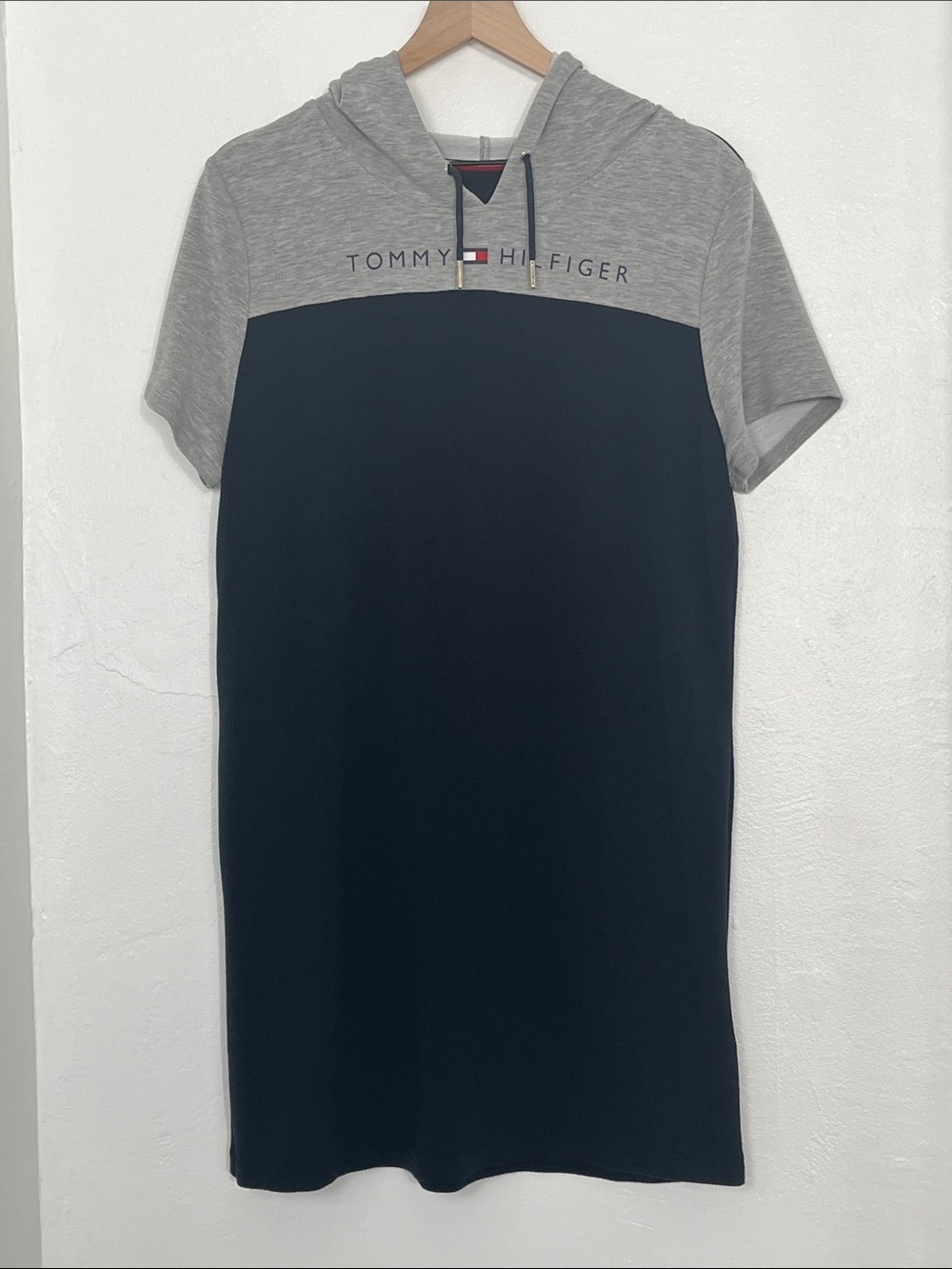 Tommy Hilfiger Grey and Black Hooded Tee Dress with Logo